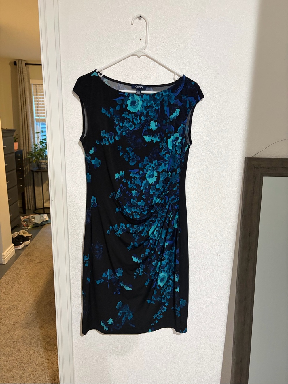 Chaps Black Dress with Teal & Blue Floral Print